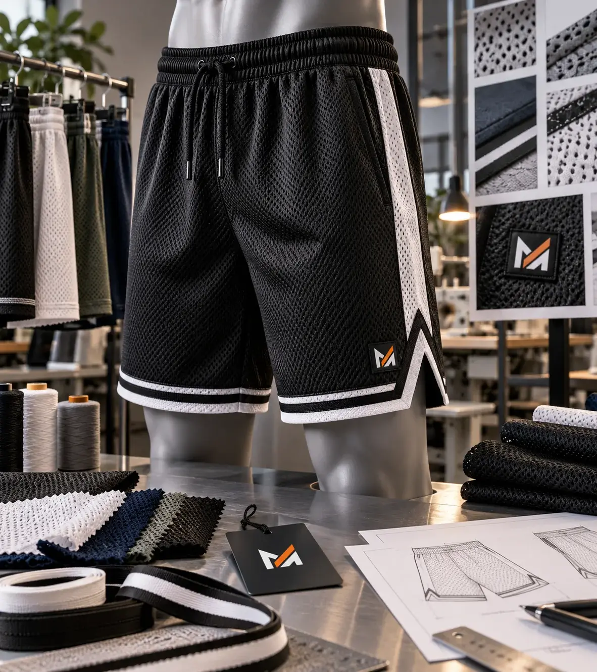 Black custom mesh shorts displayed on a silver mannequin, featuring breathable perforated fabric, white contrast side panels, an elastic drawstring waistband, and Mega Apparel logo, surrounded by mesh fabric samples and garment design sketches.